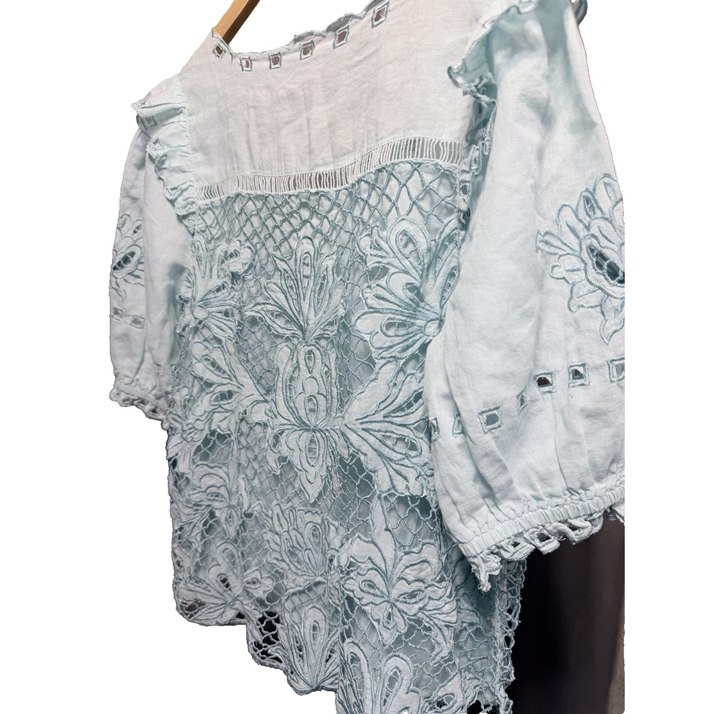 Sundance Lace Crochet Linen Blend Top Cottagecore Boho Prairie Skyblue Women Lg - Picture 13 of 15
